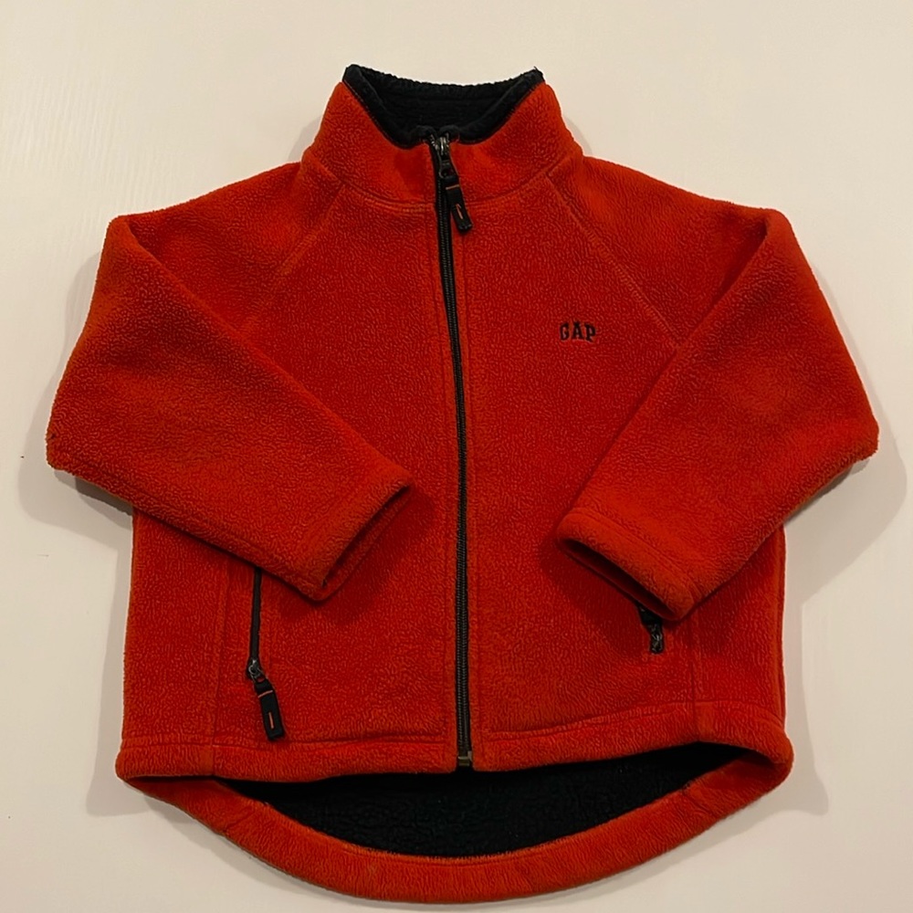 GAP kids mock neck, full zip orange & blue heavy fleece jacket. Boys size XS